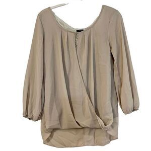Cream/Tan Crossbody Wrap Blouse with Lace Back Small